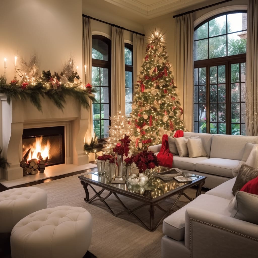 This house's living room glows with the soft light of candles, enhancing the Christmas ambiance.