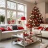 This house's living room glows with the warmth of Christmas candles, setting a festive mood.