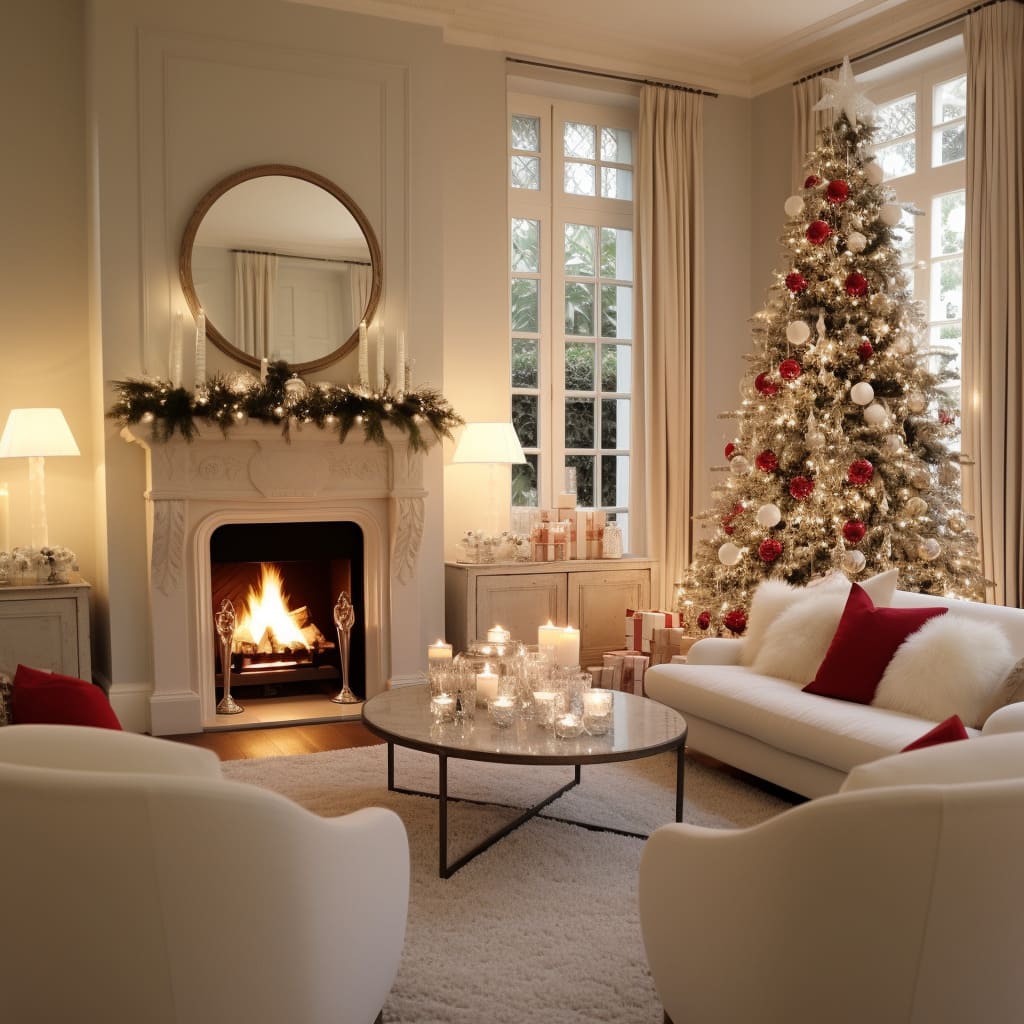 This house's living room is decked out with festive Christmas lights, adding a cheerful glow to the interior.