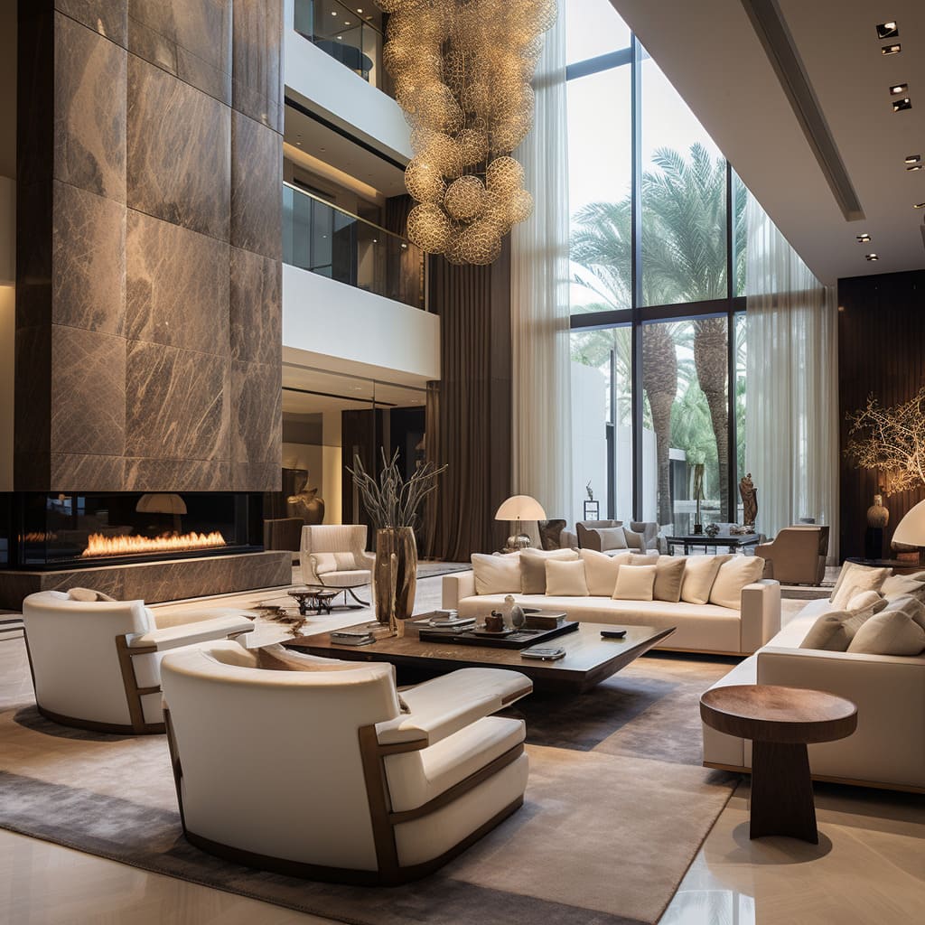 This house's living room pairs modern furniture with warm stone textures for a luxurious feel.