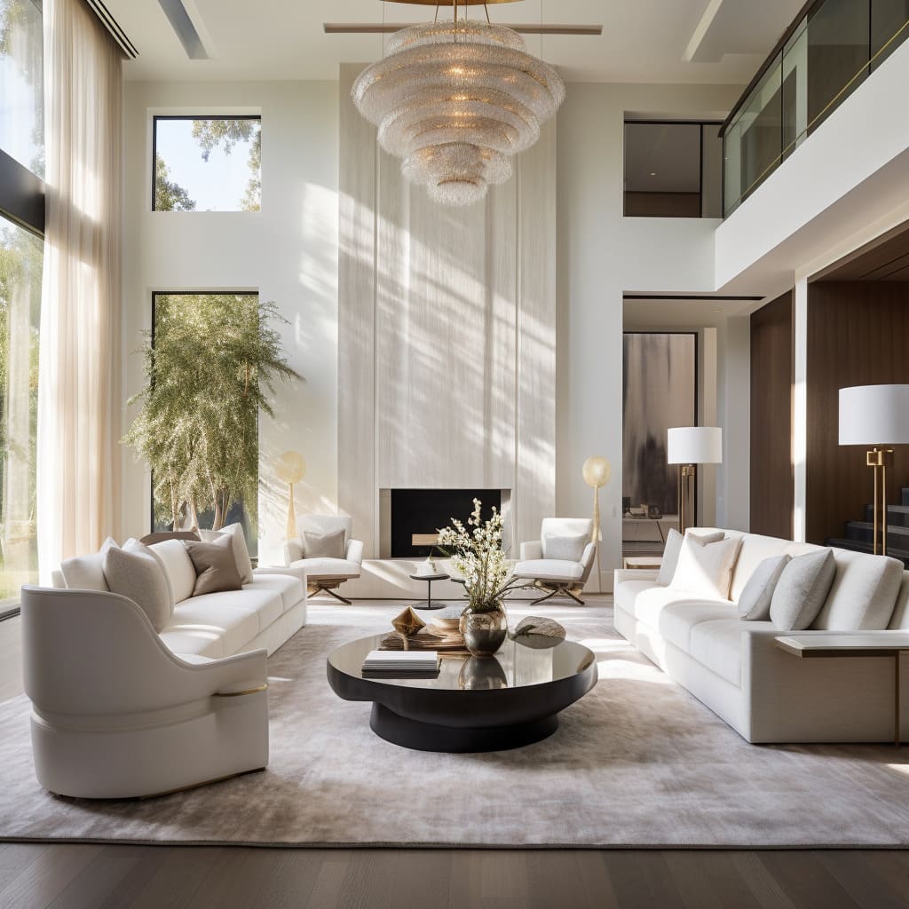 This house's living room shines with its white, contemporary interior design.