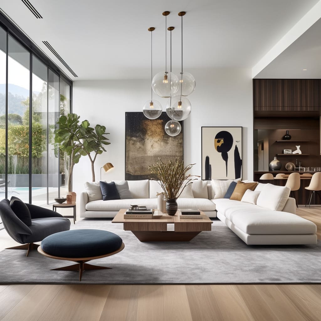 This house's living room with wooden flooring and modern accents embodies contemporary American style