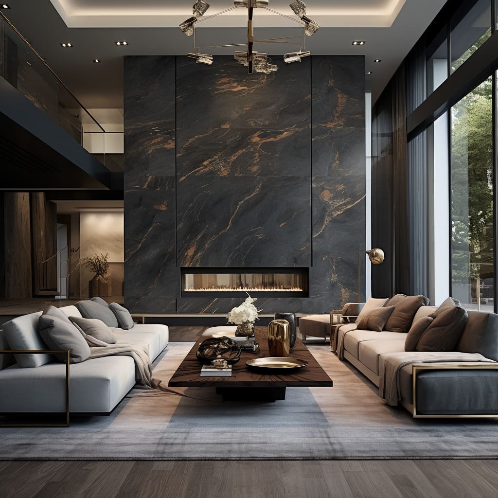 This interior design features a lavish sofa set that complements the stone cladding.