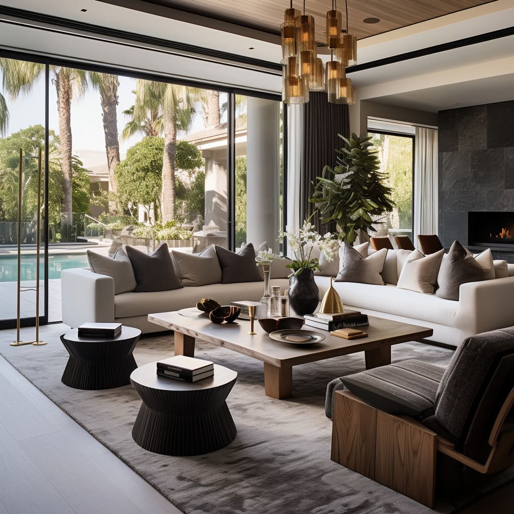 This living room, situated in a Los Angeles house, exudes a sophisticated contemporary ambiance.