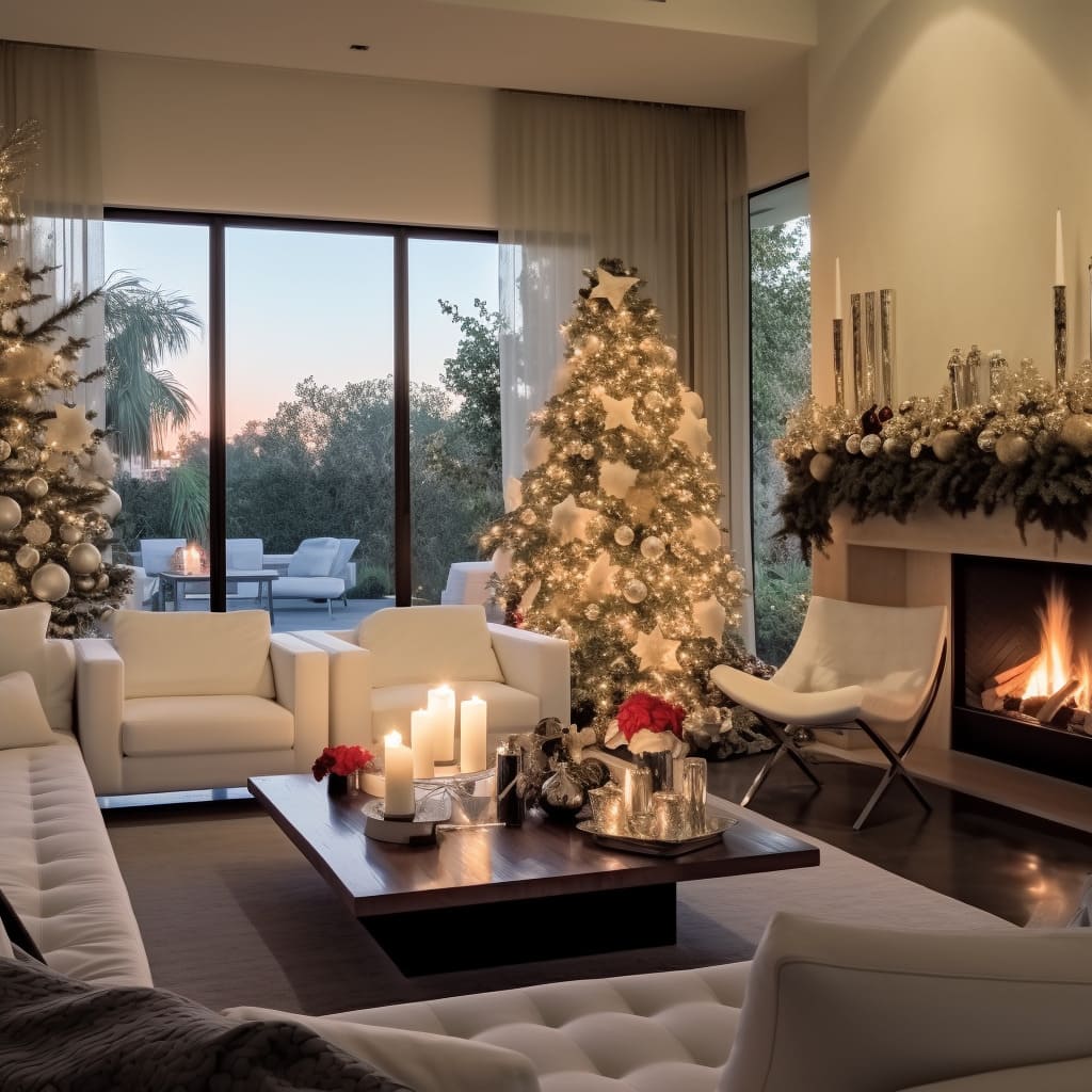 This living room's Christmas interior design includes a festive wreath, bringing a touch of nature indoors.