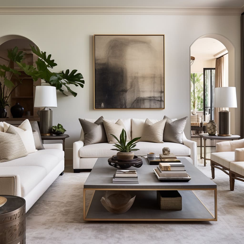 This living room's armchairs, with their clean lines, exemplify transitional interior design.