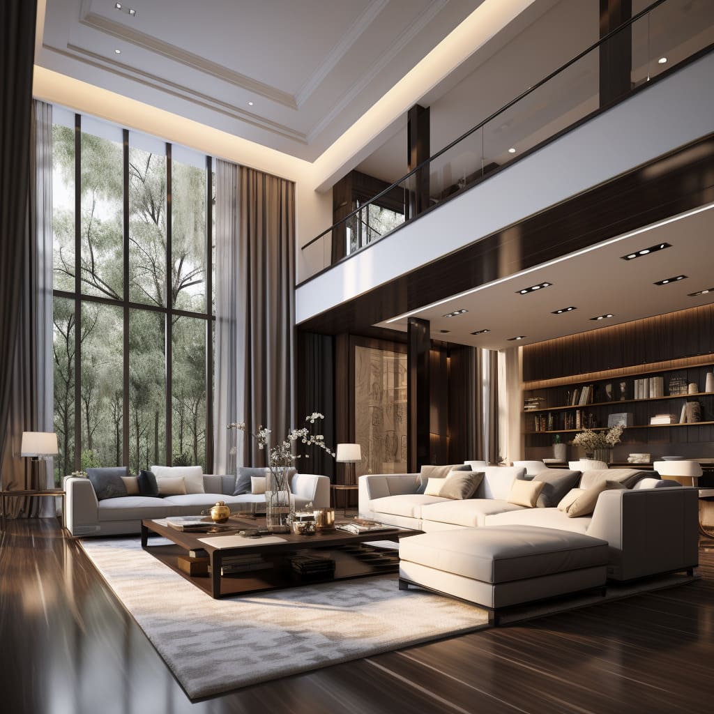 This living room's furniture, with its clean lines and luxurious fabrics, epitomizes contemporary comfort.