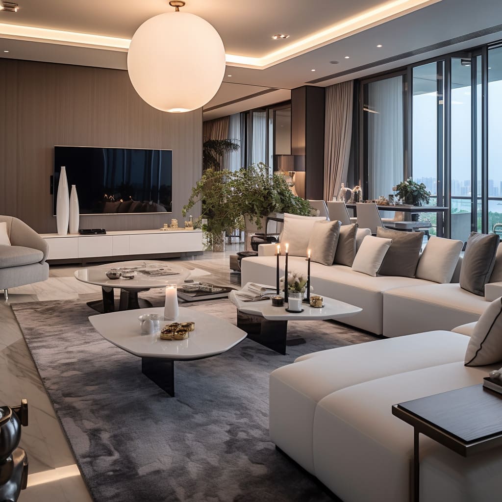 This living room's interior design beautifully integrates technology with luxury through its TV unit.