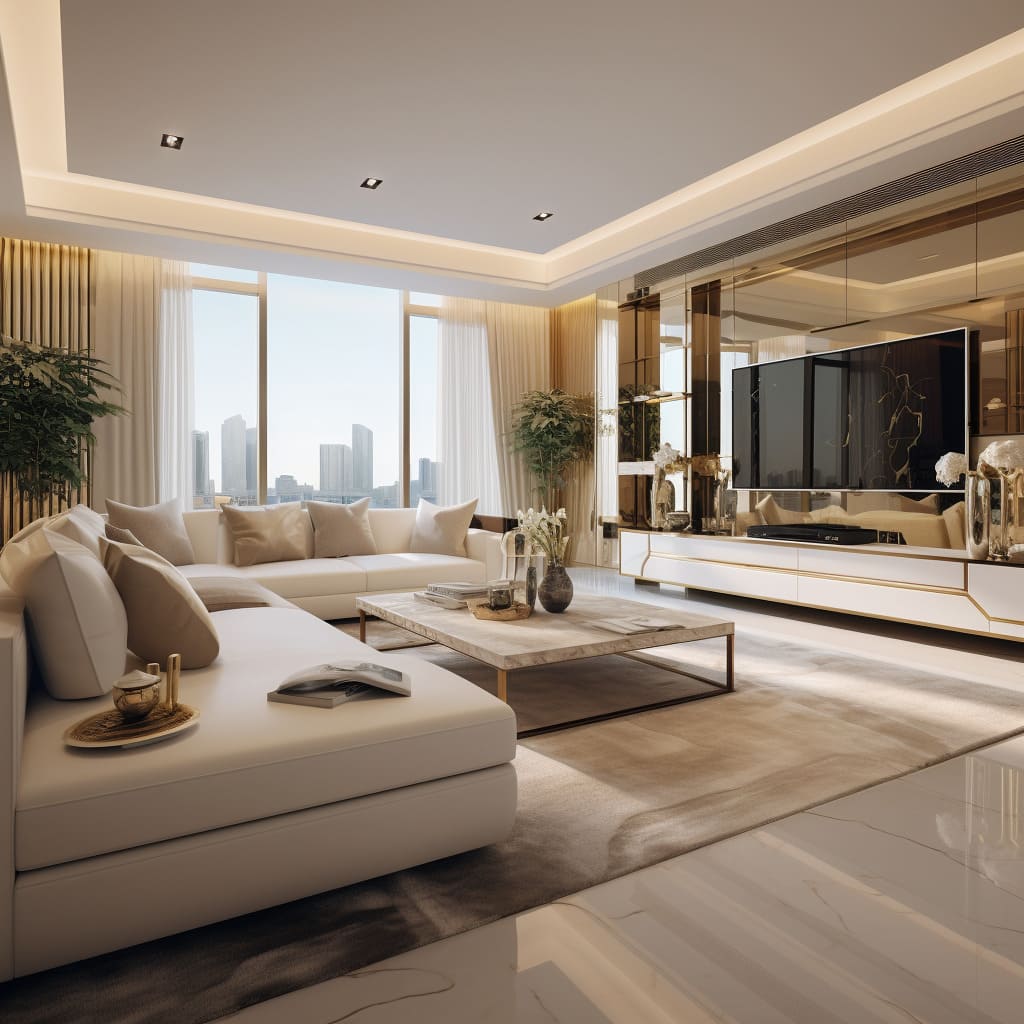 This living room's interior design features a modern, minimalist aesthetic with a spacious cream-colored sofa.
