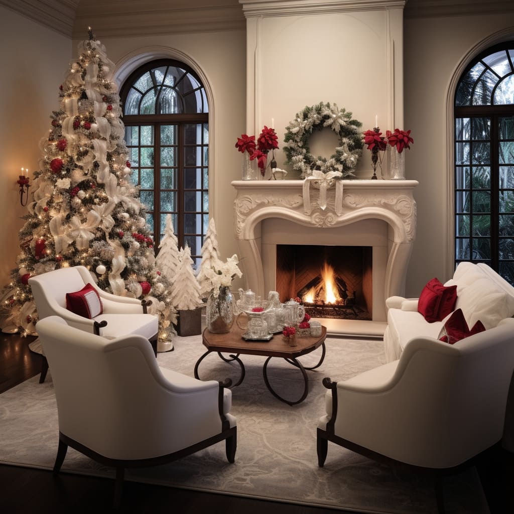 This living room's interior design is enhanced with a dazzling array of Christmas lights.
