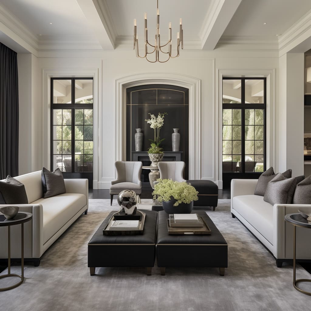 This living room's interior design strikes a perfect balance between modern flair and classic comfort.
