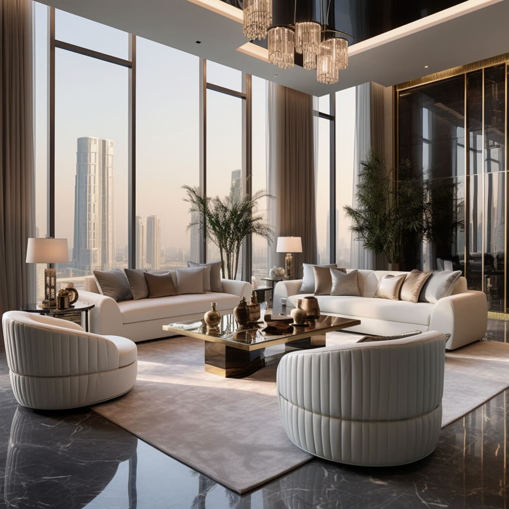 This living room's luxury interior is defined by a plush sofa set against a backdrop of creamy beige elegance.