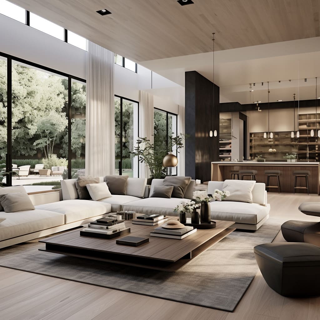 This living room's minimalist design with wooden flooring and neutral accents captures the essence of modern America.