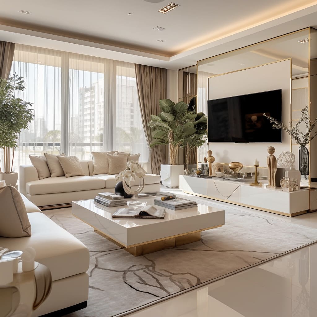 This luxury living room showcases a modern TV wall unit, enhancing the room's functionality and style.