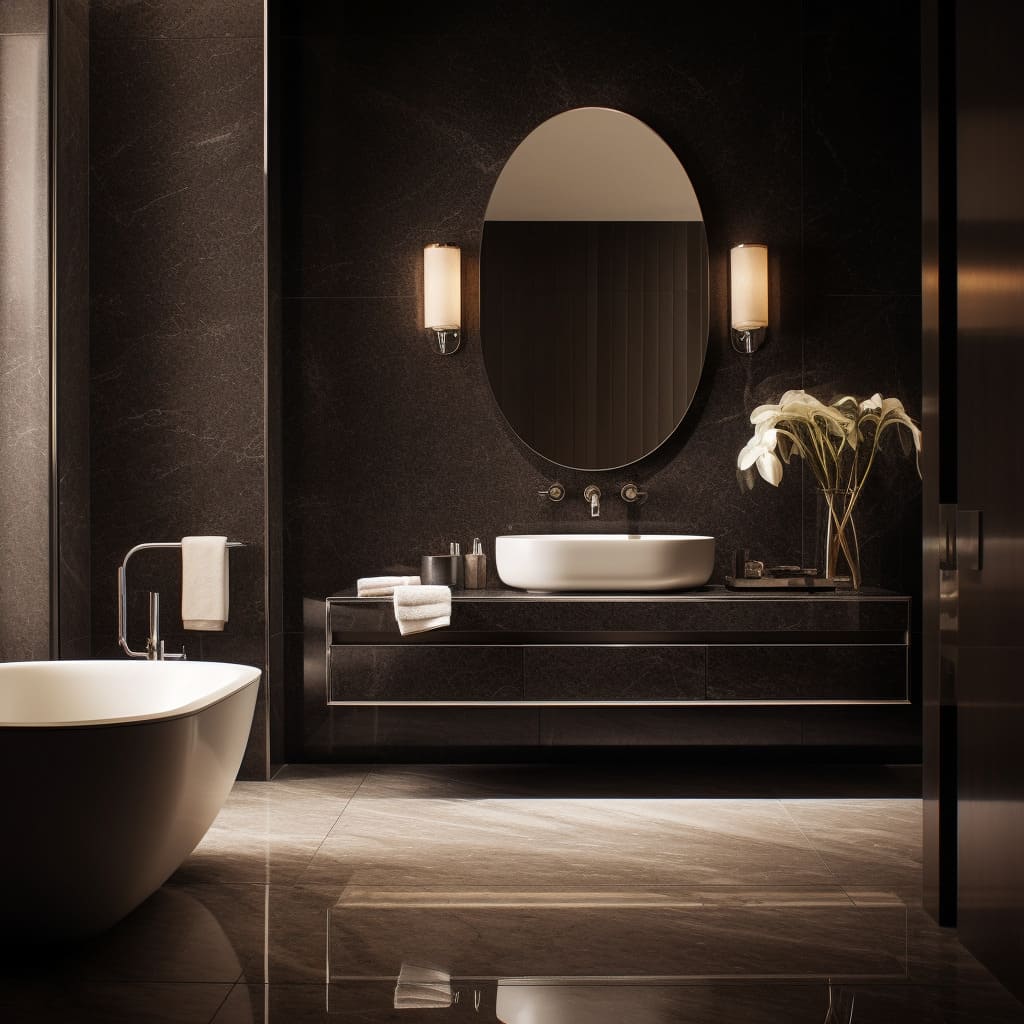 This master bathroom showcases a spacious interior with a deep, free-standing bathtub as its crown jewel.