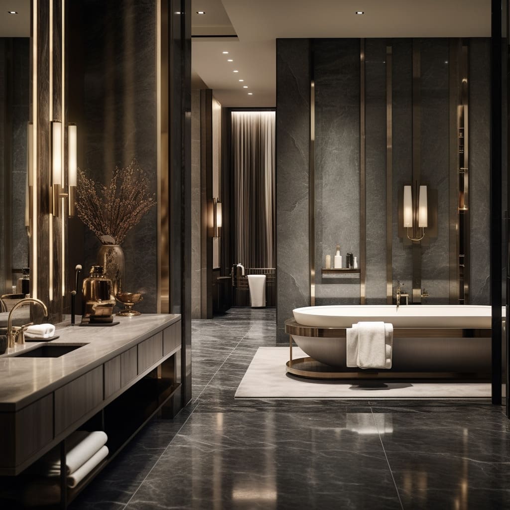 This master bathroom's interior design features sleek lines and cool tones.