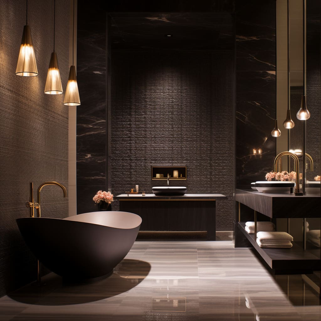 This master bathroom's interior design smartly pairs a dark palette with reflective marble surfaces for a sophisticated look.