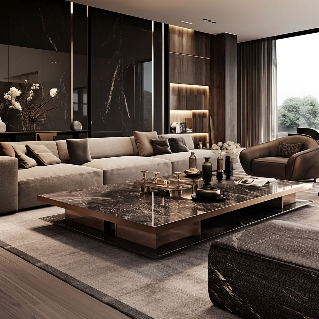 This modern apartment combines stone elegance with wood warmth in its living room.