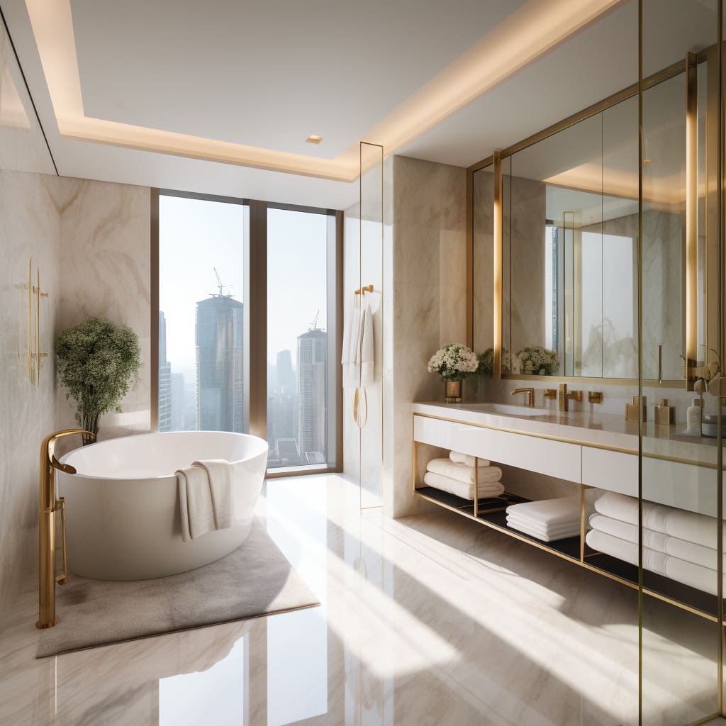 This modern bathroom boasts a spacious marble-clad shower, with a rainfall head that promises a sumptuous escape.