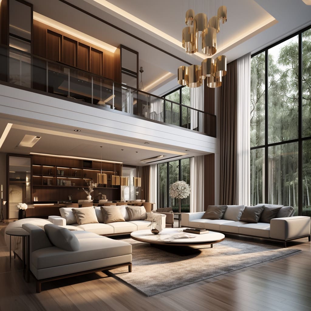 This modern home features a living room with a spacious layout and luxurious LA style decor.