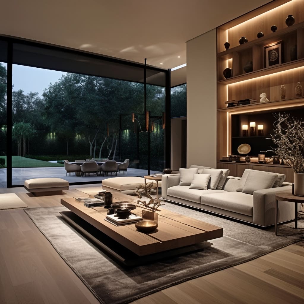 This modern home features a living room with sleek wooden paneling and built-in cabinets, embodying minimalist elegance.