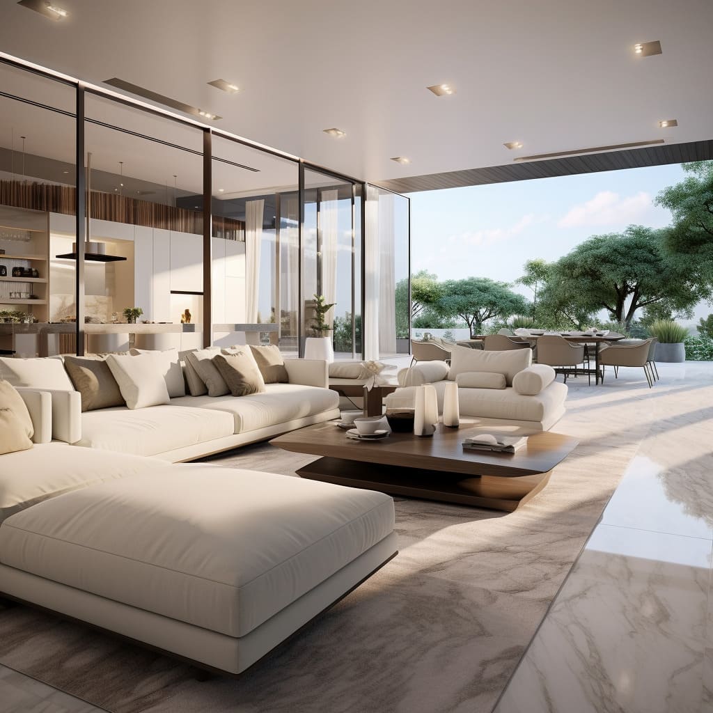 This modern home features a spacious living room with luxurious white marble flooring.