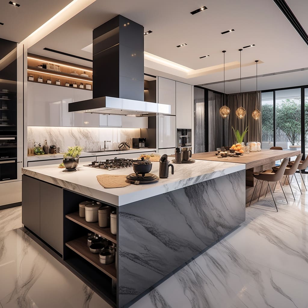 This modern kitchen's island, topped with white marble, adds elegance to the home's interior design.