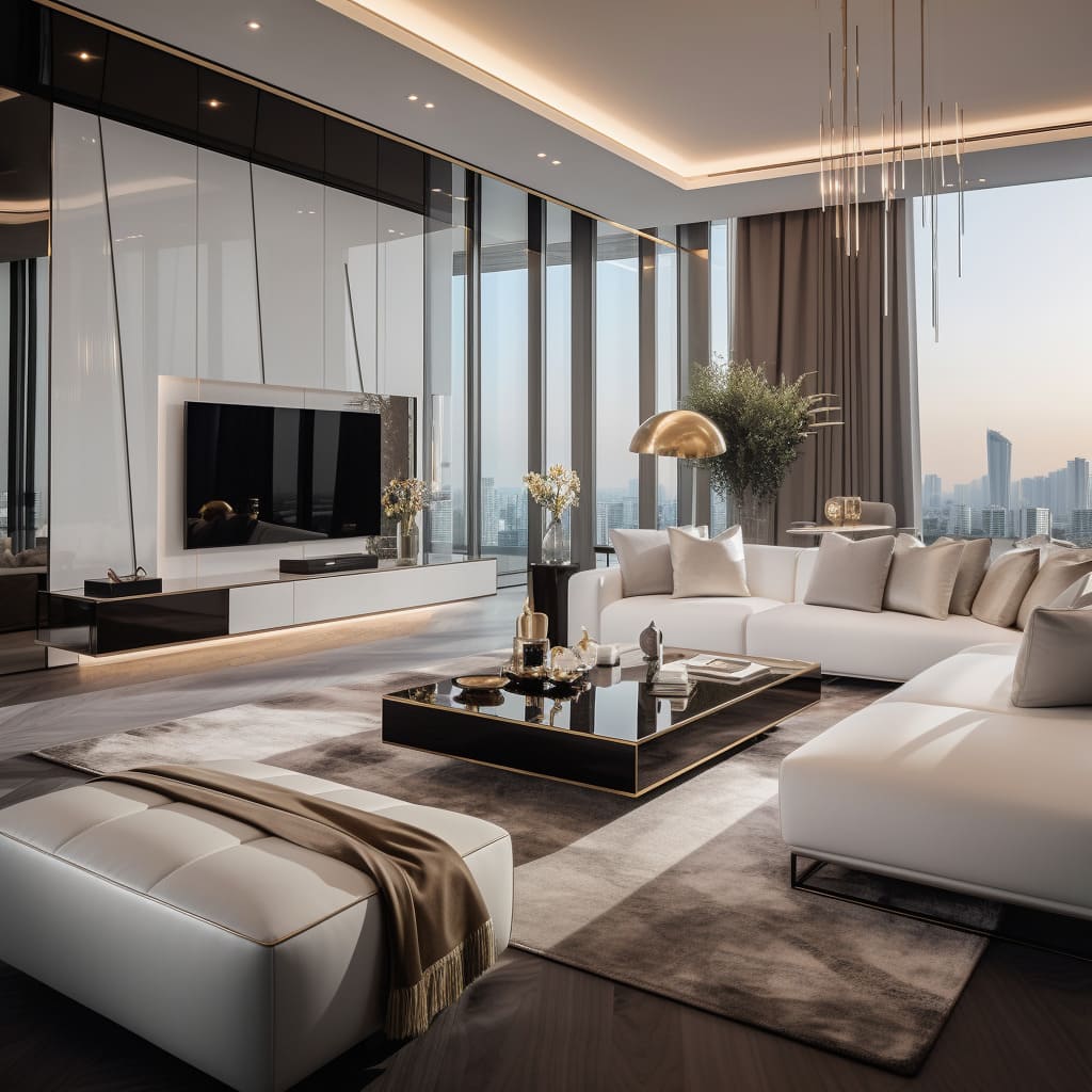 This modern living room boasts an expansive L-shaped sofa that invites comfort and style into the apartment.