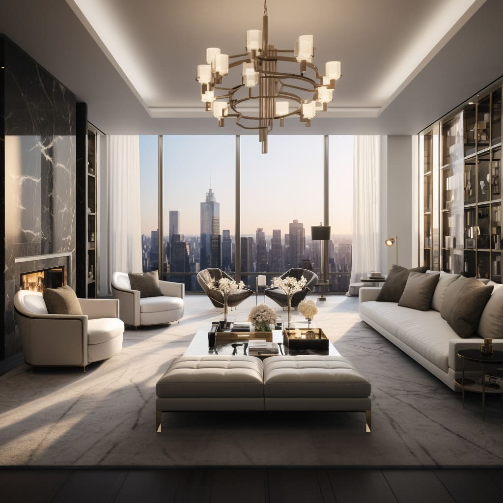 This penthouse's living room boasts a sophisticated interior design with a focus on minimalist elegance.