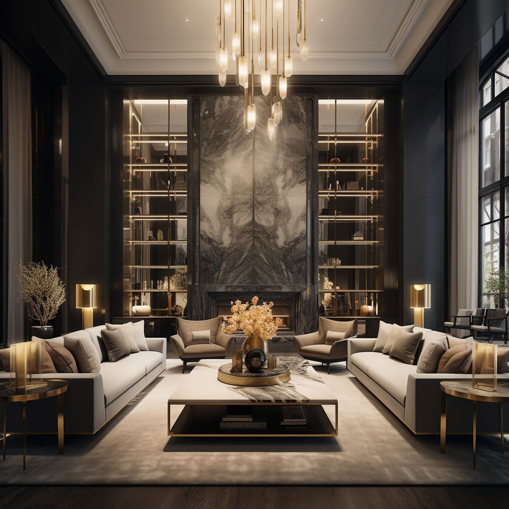 This penthouse's living room boasts an expansive layout, filled with designer furniture and elegant touches.
