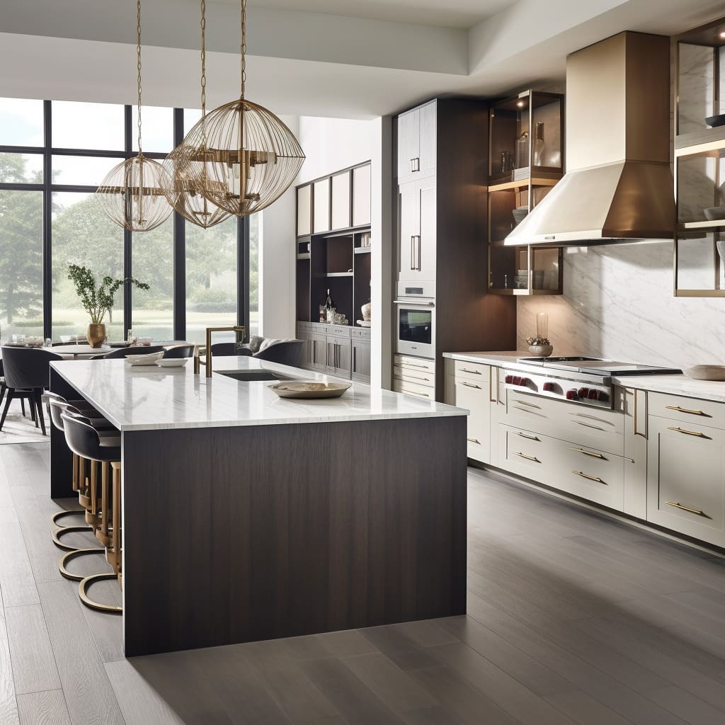 This transitional kitchen strikes the perfect chord with its mix of sophisticated materials, blending the plush feel of the past with the sleek minimalism of t