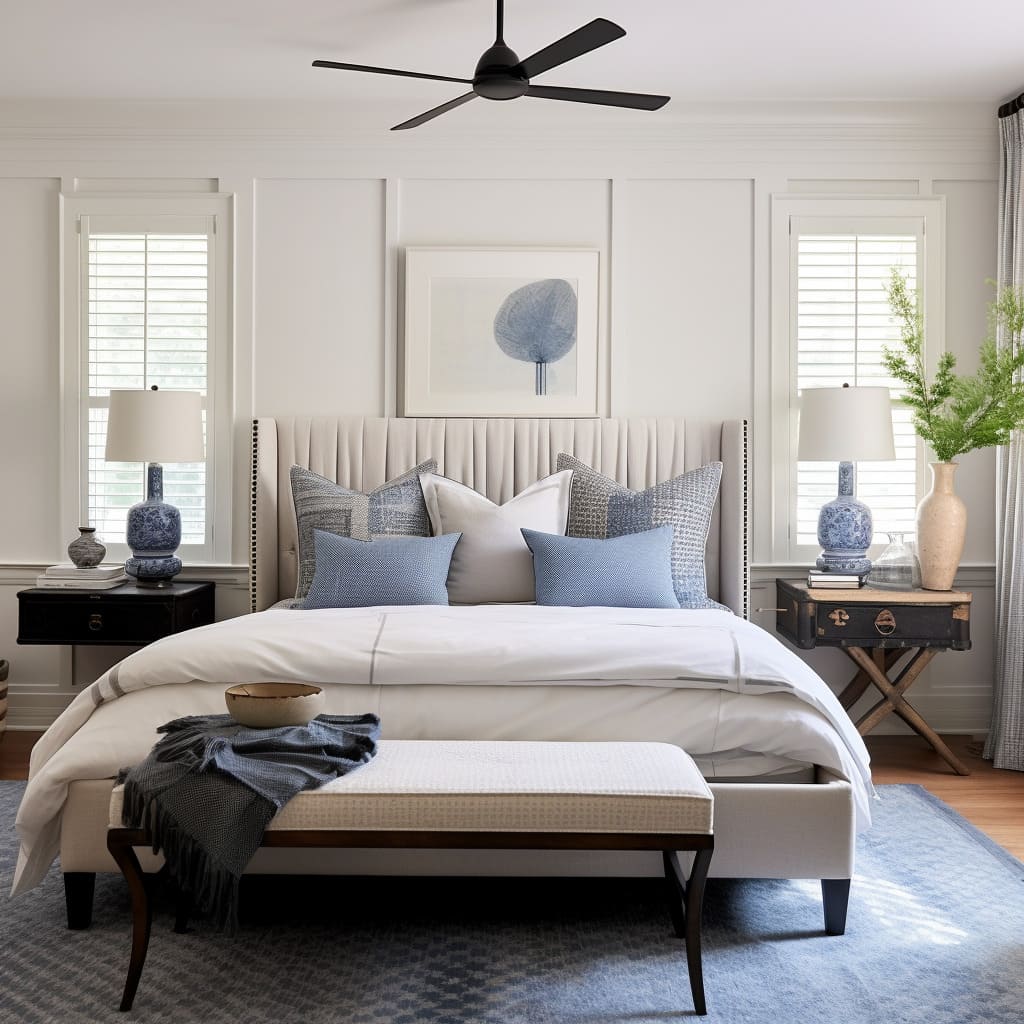 Traditional decorative pillows and bedding enhance the charm of this master bedroom.