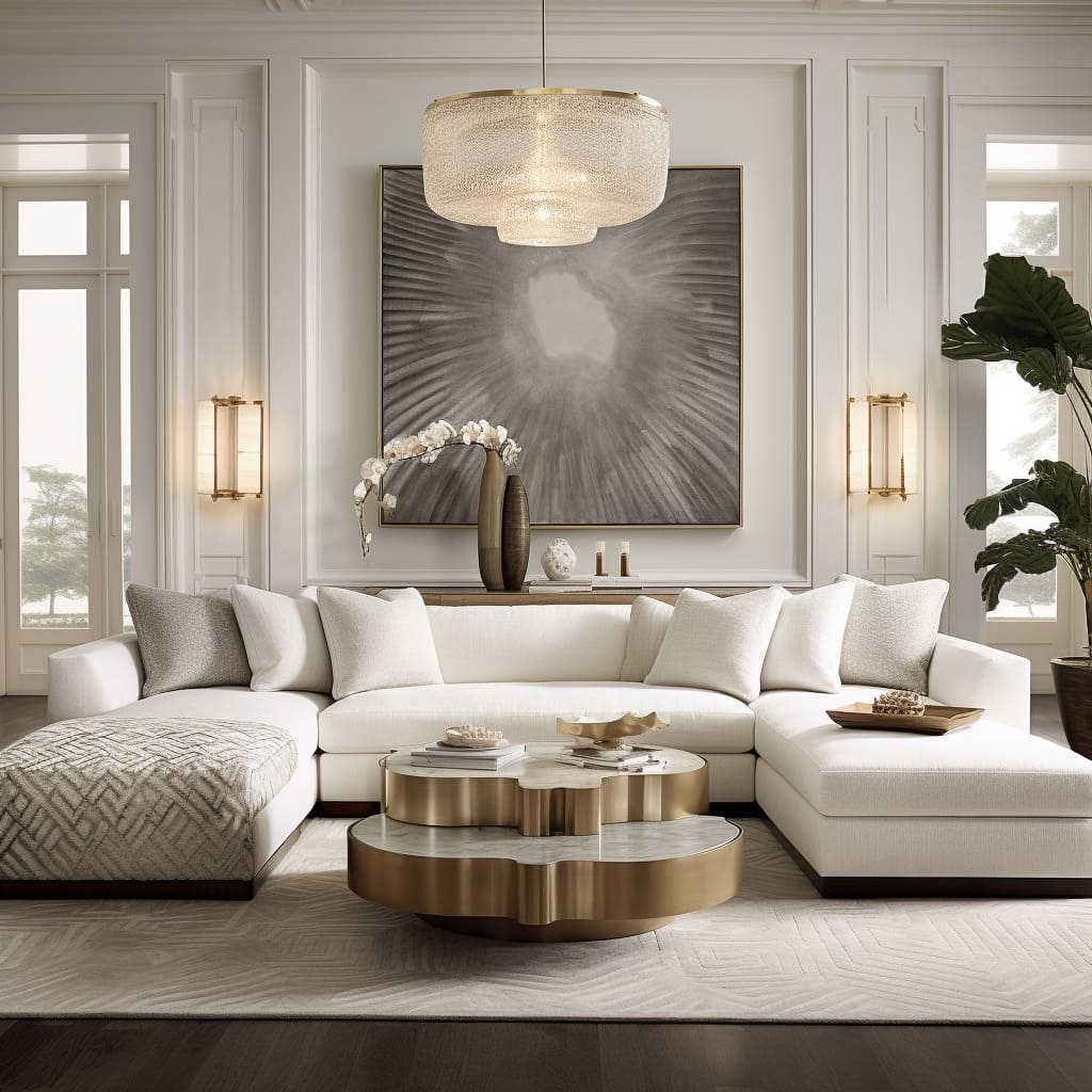 Transitional and classical elements merge in this white-dominated living room design.