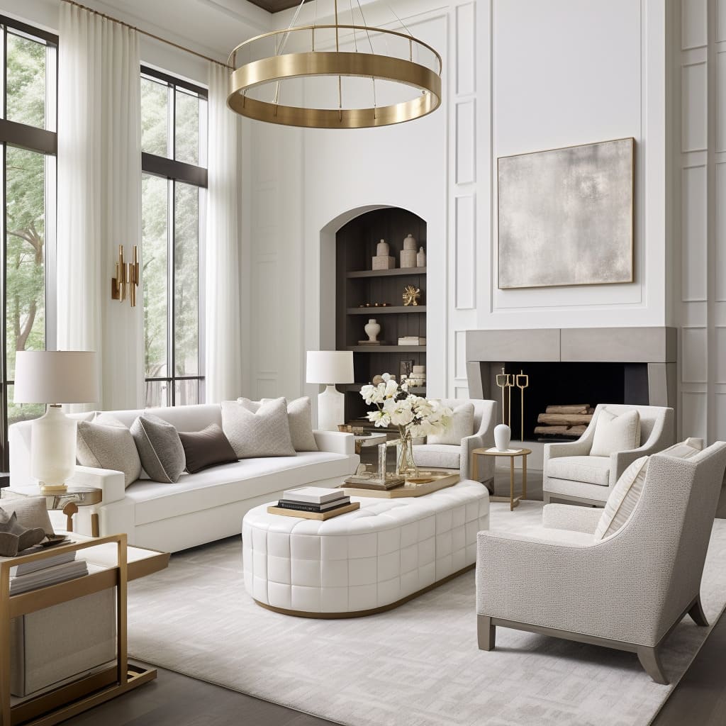 Transitional elements in this living room blend seamlessly with the white, classical decor.