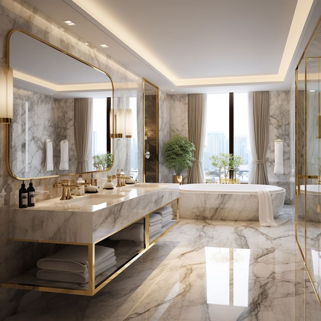 Understated elegance is achieved with the floor-to-ceiling creamy marble tiles, accented by discreet, brushed gold fixtures.