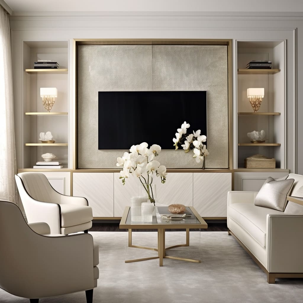 Warm wood tones on the TV wall bring a natural feel to this modern living room.