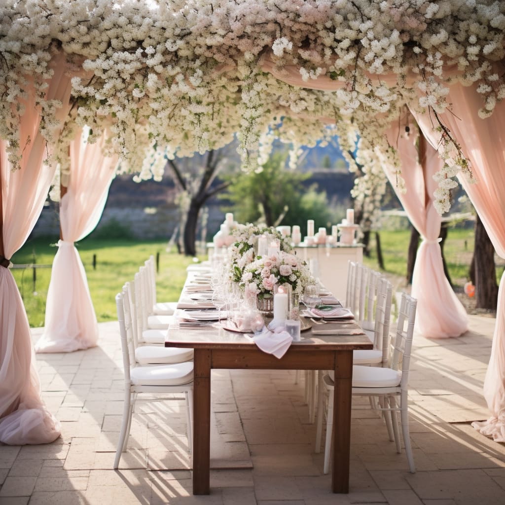 Wedding decorations transform the dining area into a romantic space.