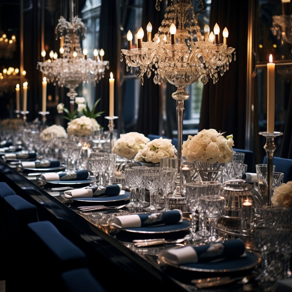 Chrystal chandeliers brighten up the dark dining space.