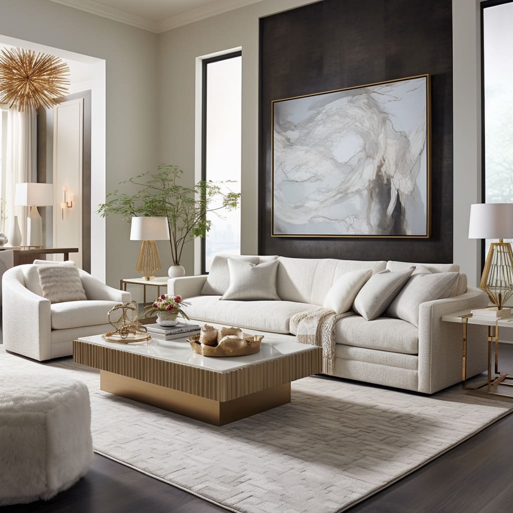 White accents in the decoration complement the clean lines of the modern living room, softening the space with classic touches.