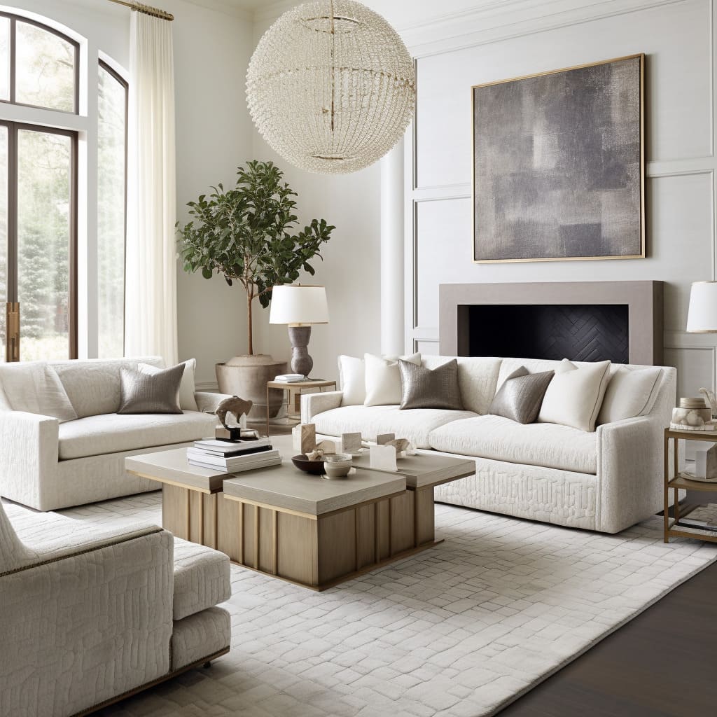 White home furniture elevates the modern classic appeal of this cozy living room.
