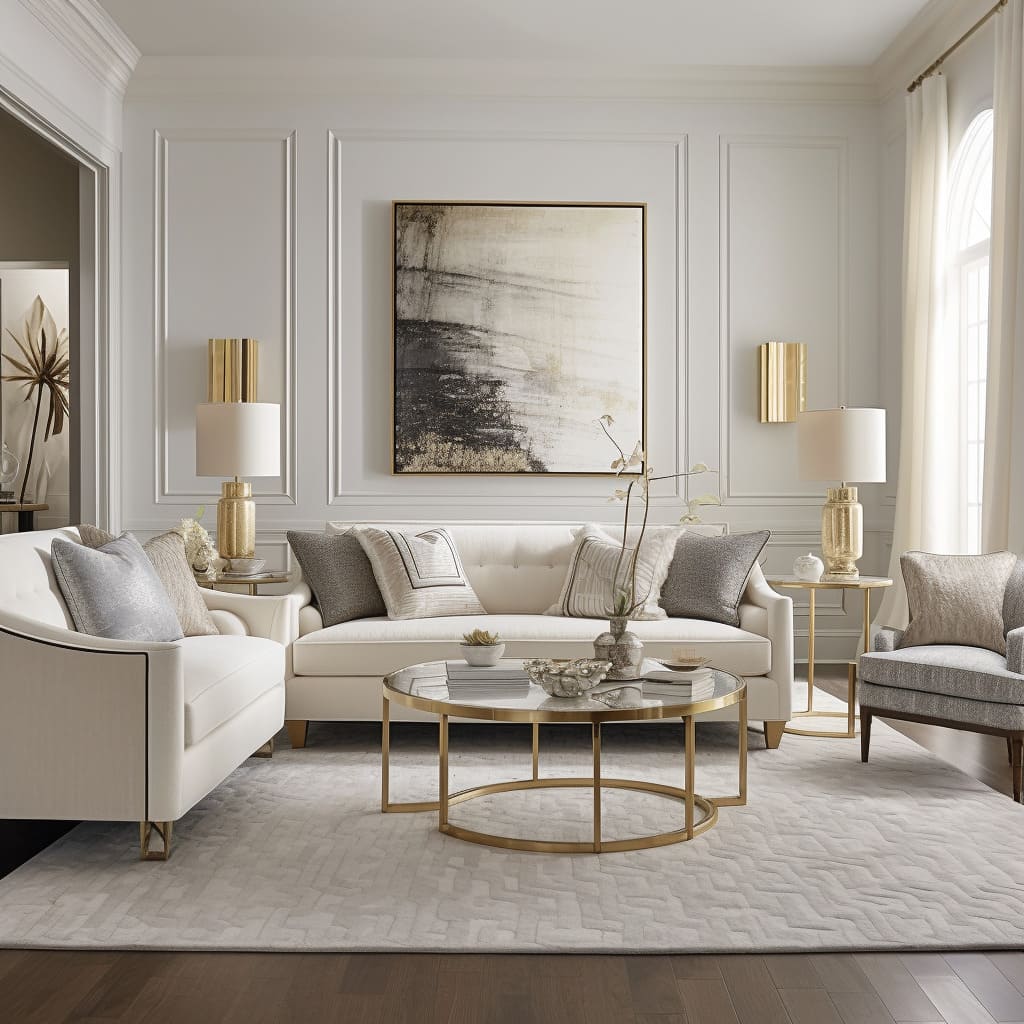 White home furniture in this living room reflects a harmonious blend of modern and classical.
