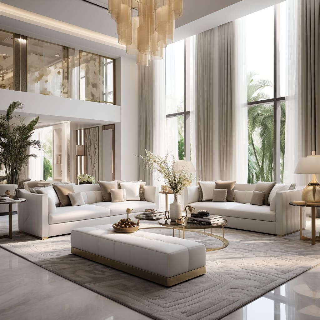 White interior design elements in this living room reflect a modern simplicity that's effortlessly chic.