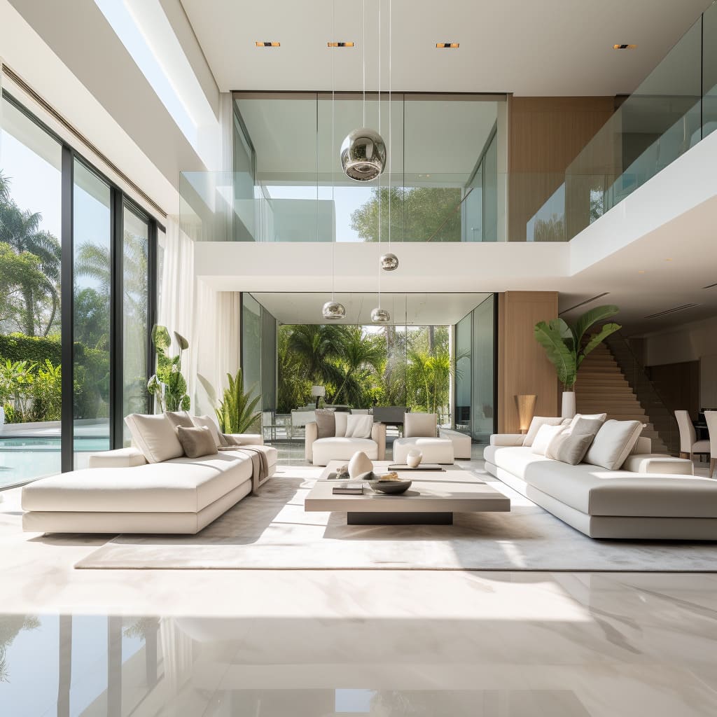 White marble and off-white tones dominate the living room, reflecting a contemporary luxury.