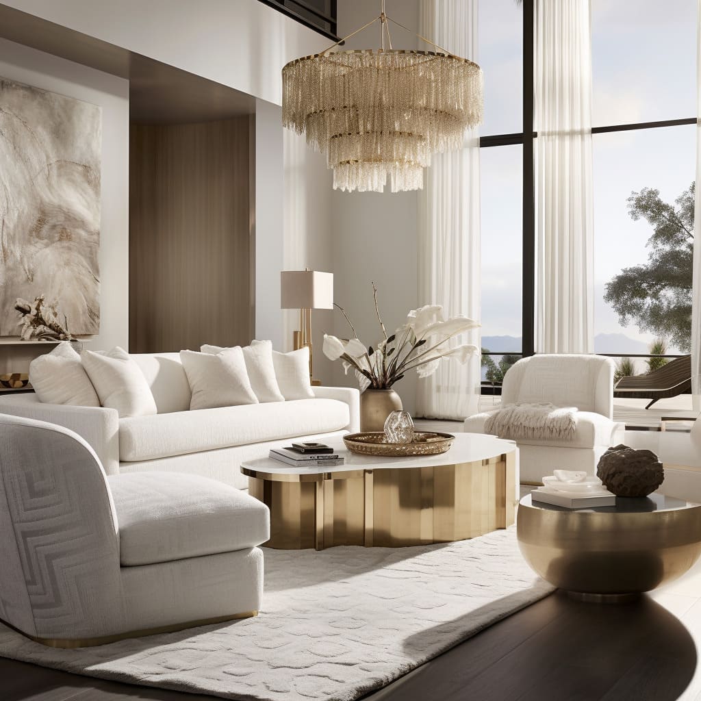 White, plush seating takes center stage in this house, surrounded by sleek modern decoration for an updated classic look.