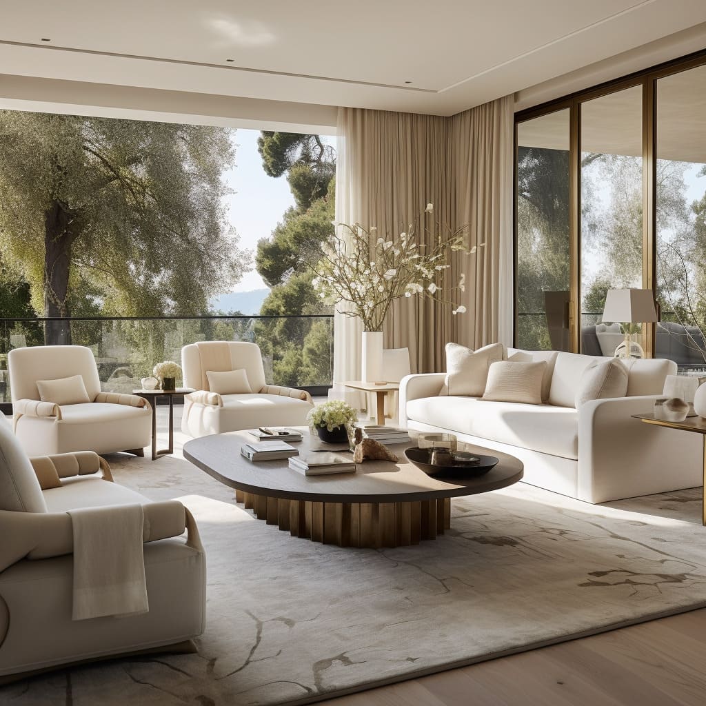 White seating in the living room is both stylish and inviting, perfect for guests.