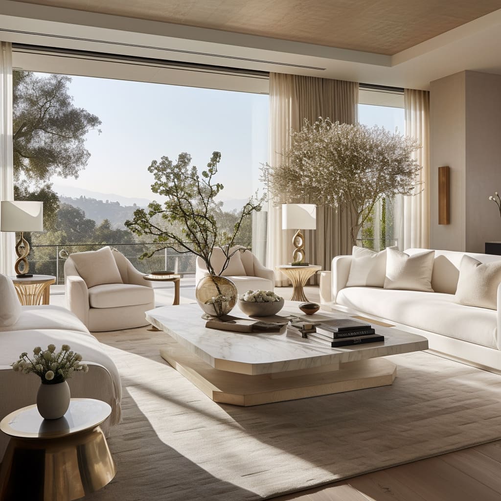 White seating in the living room offers a clean and refreshing look.