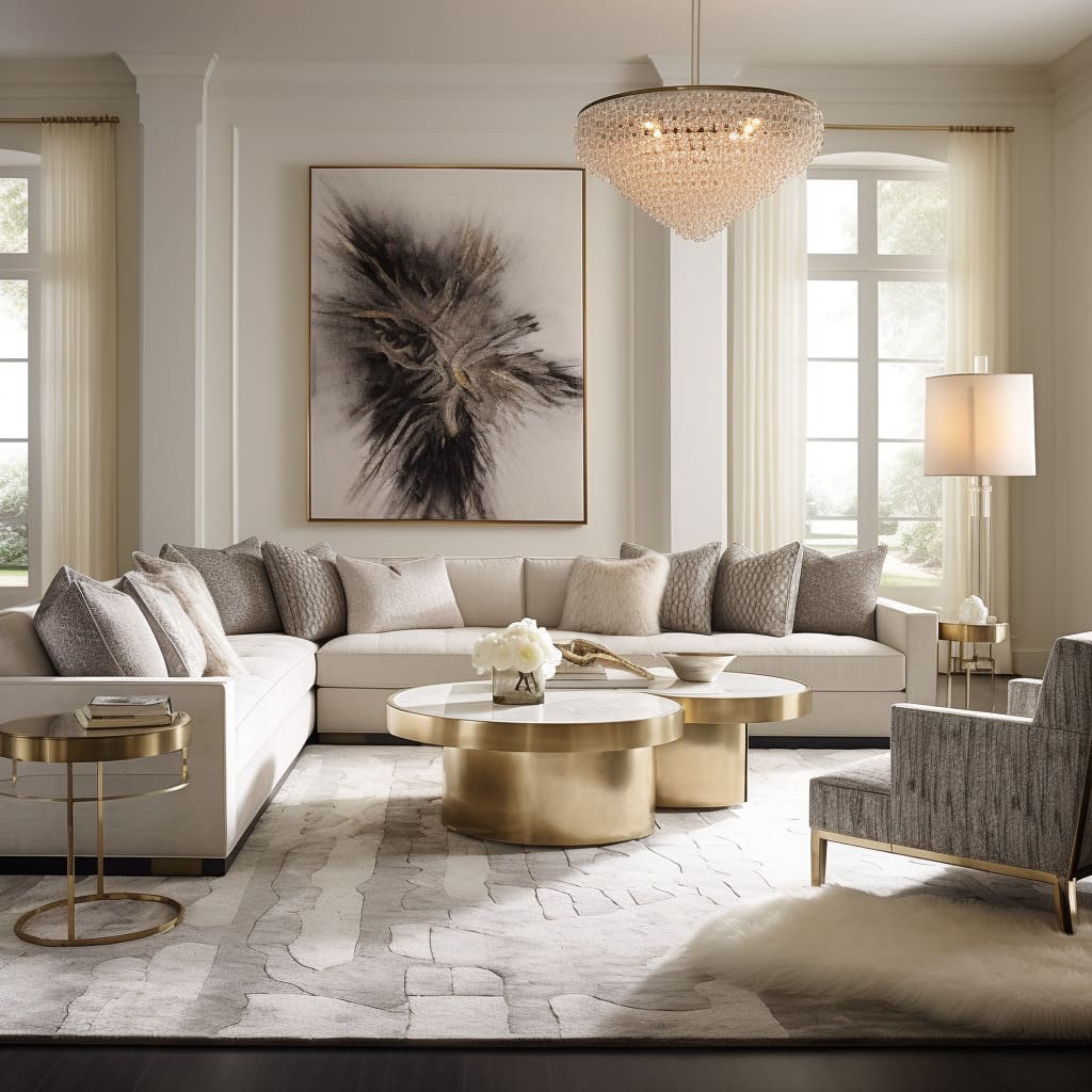 White seating in this contemporary classic living room invites relaxation and elegance.