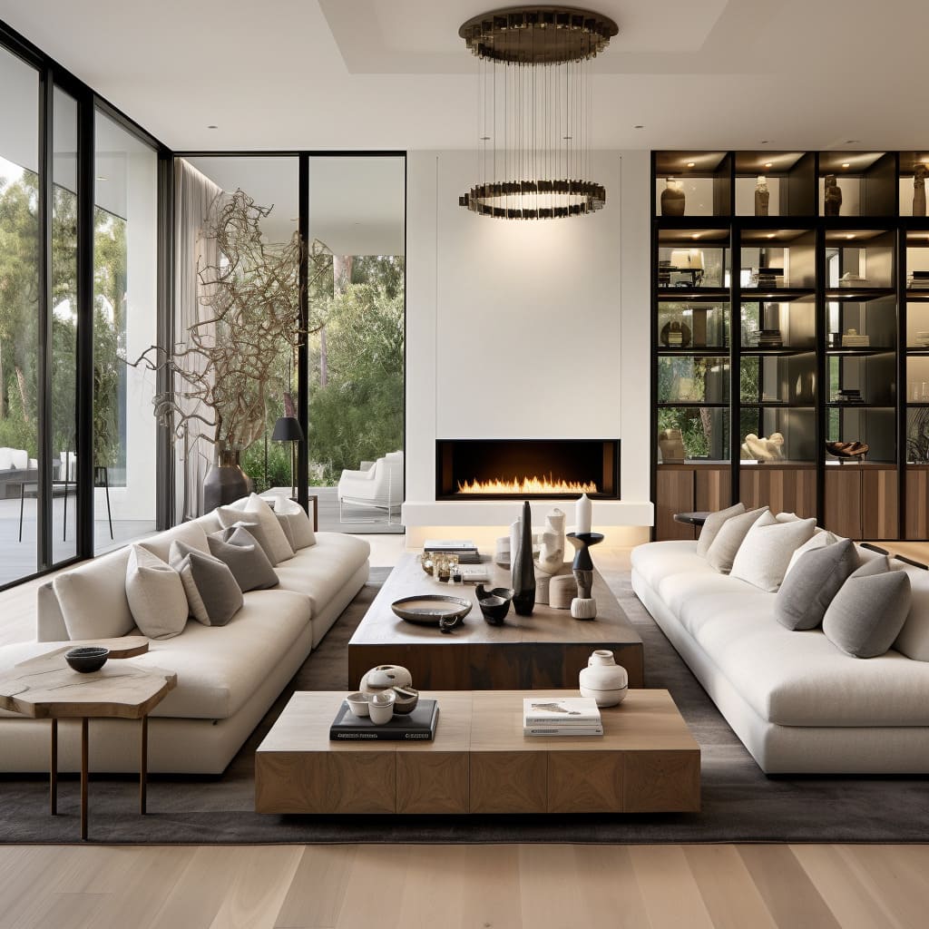 White walls and a touch of stone texture give this living room an American modern look with LA flair.