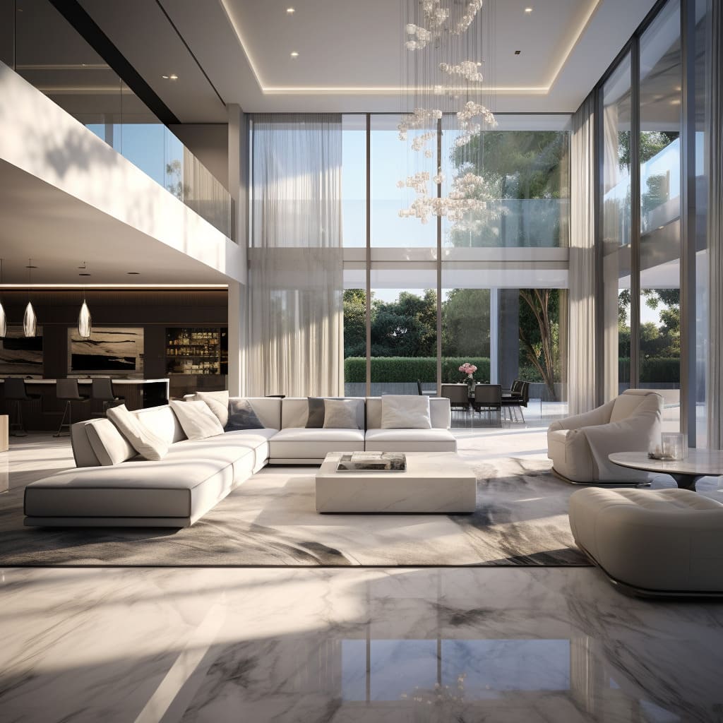 White walls and marble elements in the living room create a seamless, modern interior design.