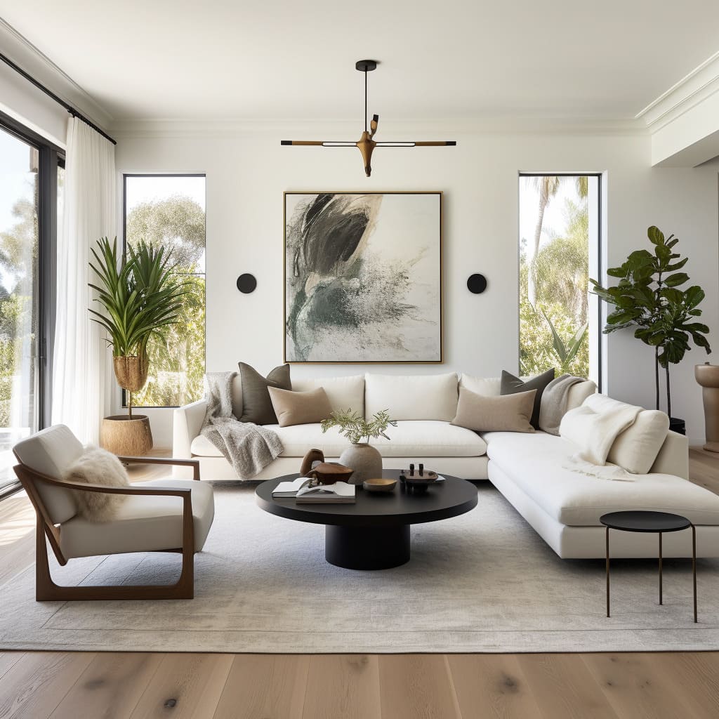 White walls and minimalist furniture create a serene living room in this American contemporary home.